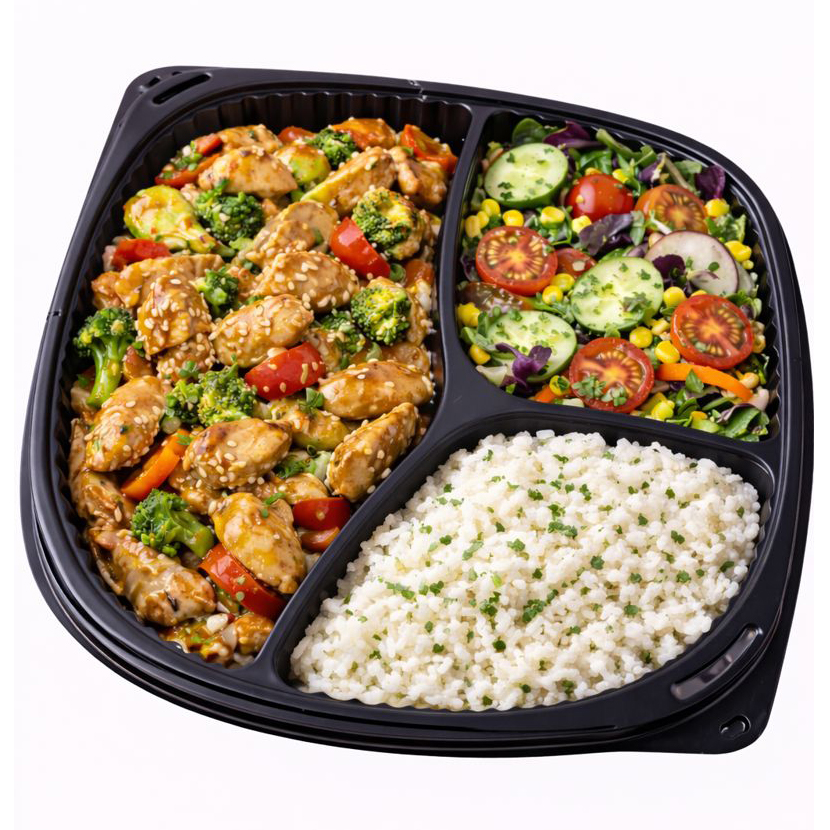 Mesni meni — pileći wok sa susamom, basmati pirinač, sezonska salata